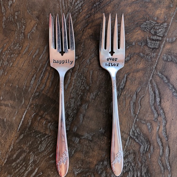 Hand-stamped silver plated forks & message “Happily”/“Ever After” when together - Picture 9 of 15
